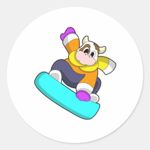 Pegatina Redonda Vaca en Snowboard con Snowboard