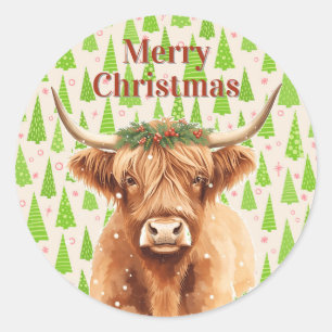 Pegatina Redonda Vaca enana de Navidad con follaje de Highland