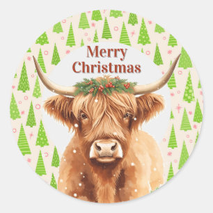 Pegatina Redonda Vaca enana de Navidad de vegetación de Highland al