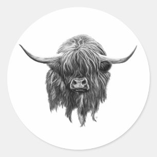 Pegatina Redonda Vaca Escocesa De Tierras Altas En Blanco Y Negro