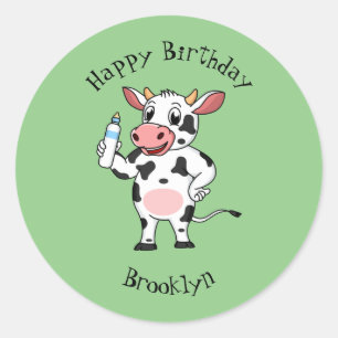 Pegatina Redonda Vaca feliz con personalizado de biberón
