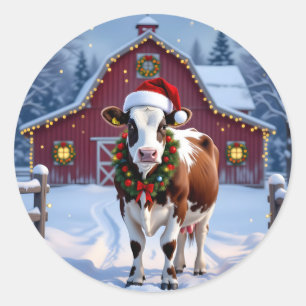 Pegatina Redonda Vaca festiva en Navidades de Santa Hat
