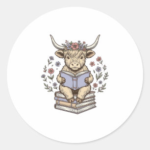 Pegatina Redonda Vaca Floral Leyendo Libros Diseño Vintage Apilado_