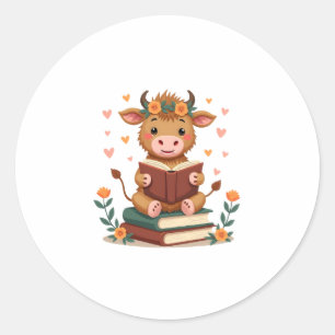 Pegatina Redonda Vaca Highland Vintage Leyendo Libros Floral Bonito