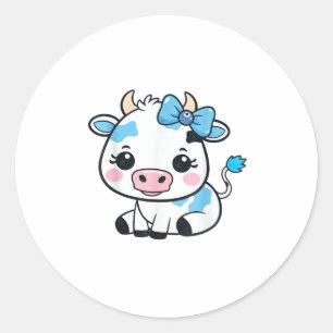 Pegatina Redonda Vaca Kawaii adorable con diseño de cerezos y vacas