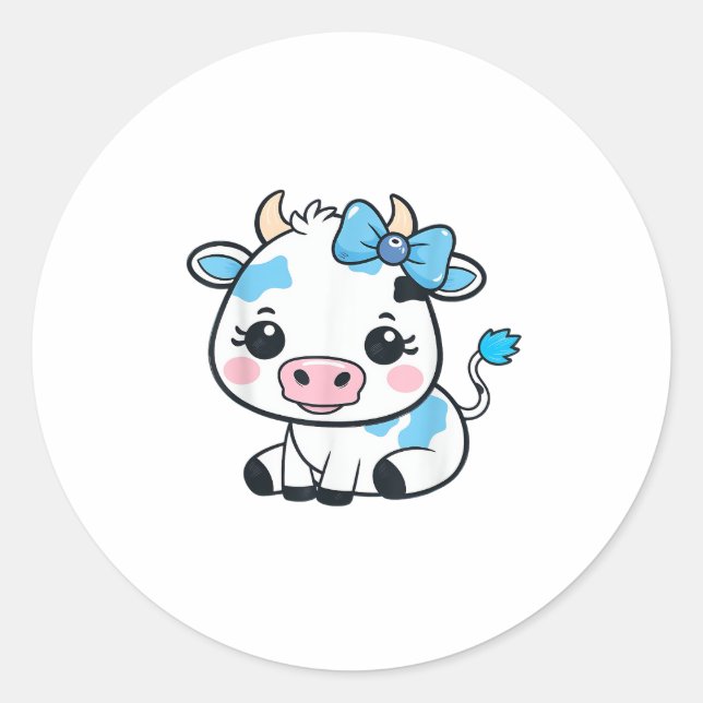 Pegatina Redonda Vaca Kawaii adorable con diseño de cerezos y vacas (Anverso)