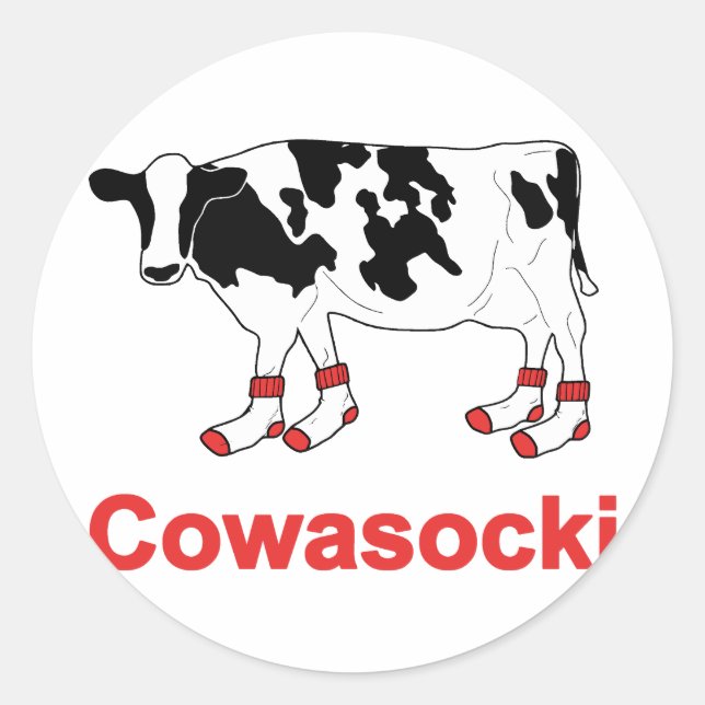 Pegatina Redonda Vaca lechera en calcetines - Vaca Cowasocki un sop (Anverso)