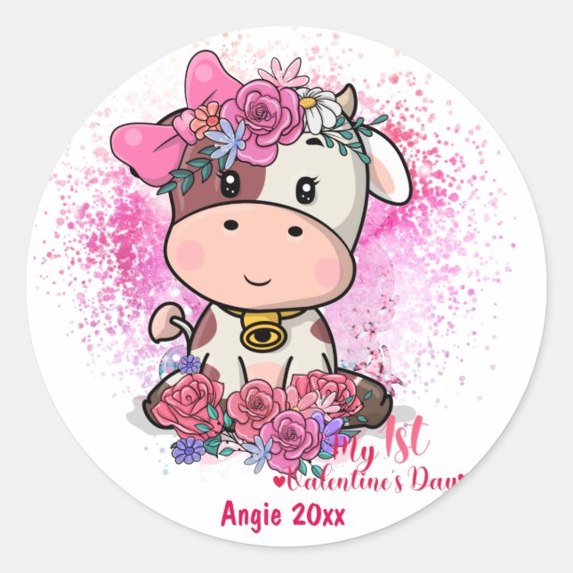 Pegatina Redonda Vaca, mi primer Día de San Valentín (Anverso)