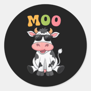 Pegatina Redonda Vaca Moo Groovy - Vaca de granjero divertida hombr