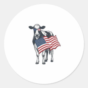 Pegatina Redonda Vaca Patriótica Bandera Americana Grabado Vintage