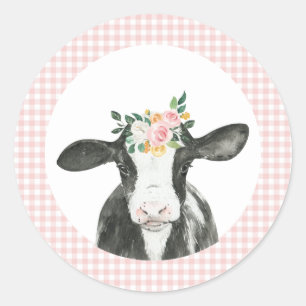 Pegatina Redonda Vaca Sagrada Cumpleaños de Estampado de Vaca Rosa