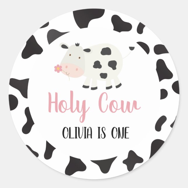Pegatina Redonda Vaca Sagrada Cumpleaños de Estampado de Vaca Rosa  (Anverso)