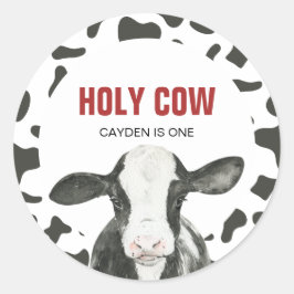 Pegatina Redonda Vaca Sagrada Cumpleaños de una Impresión de Vaca