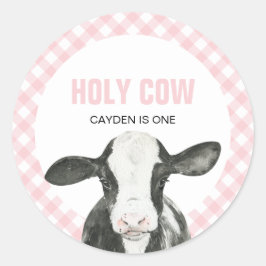 Pegatina Redonda Vaca Sagrada Cumpleaños de una Plaid Rosa