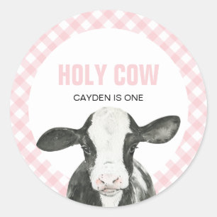 Pegatina Redonda Vaca Sagrada Cumpleaños de una Plaid Rosa