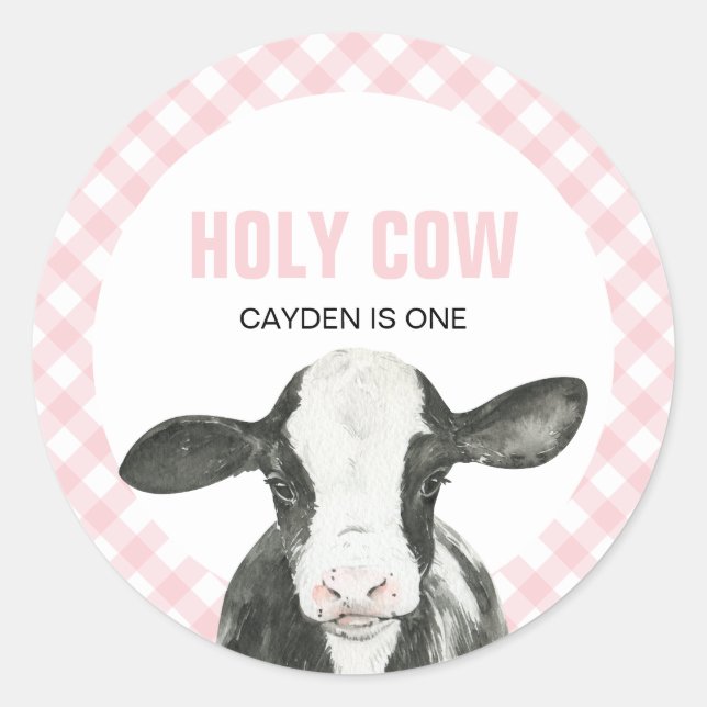 Pegatina Redonda Vaca Sagrada Cumpleaños de una Plaid Rosa (Anverso)