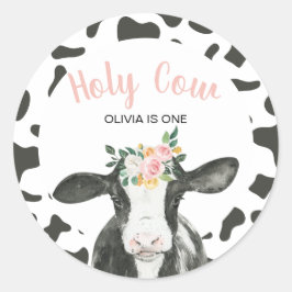 Pegatina Redonda Vaca Sagrada Cumpleaños floral de gingham rosa