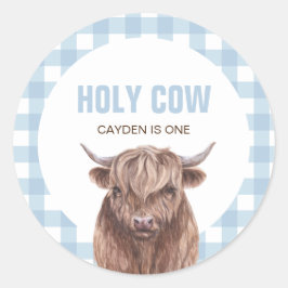 Pegatina Redonda Vaca Sagrada Cumpleaños Uno Cuadrados Azules Clási