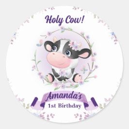 Pegatina Redonda Vaca Sagrada Floral Cumpleaños número 1