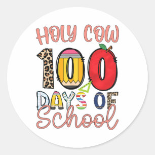 Pegatina Redonda Vaca Santa 100 Días De Maestros Escolares Niños Es