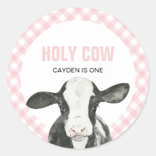 Pegatina Redonda Vaca Santa Soy un cumpleaños de comida rosa