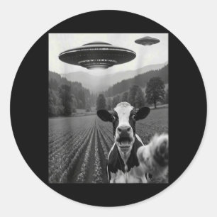 Pegatina Redonda Vaca Selfie con OVNI Alien Funny Hombre Granjero d