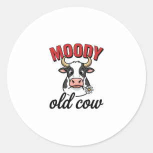 Pegatina Redonda Vaca vieja malhumorada Diseño de camiseta de vaca