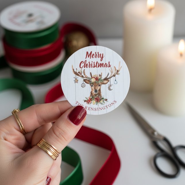 Pegatina Redonda Vacaciones de adornos de ciervos de Navidades ruso (Cute Rustic Christmas Deer Ornaments Holiday Classic Round Stickers)