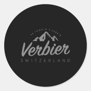 Pegatina Redonda Vacaciones de esquí en la montaña Verbier Suiza