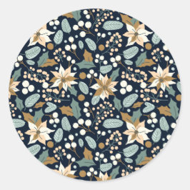 Pegatina Redonda Vacaciones de invierno de fondo negro de Poinsetti