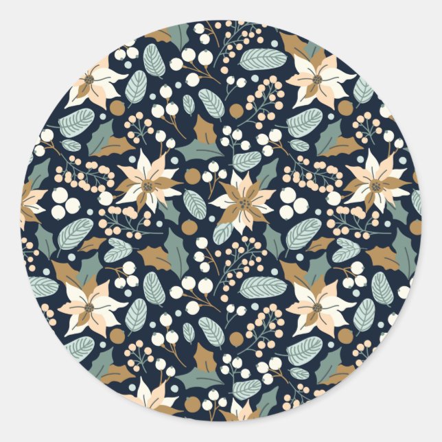 Pegatina Redonda Vacaciones de invierno de fondo negro de Poinsetti (Anverso)