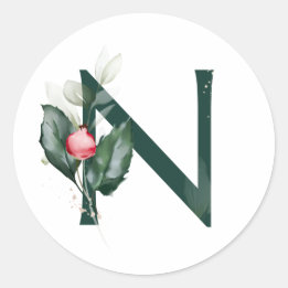 Pegatina Redonda Vacaciones de invierno MONOGRAMA bayas de poinsett