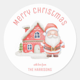 Pegatina Redonda Vacaciones de los Navidades Cute Santa Cottage