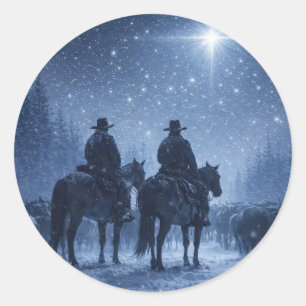 Pegatina Redonda Vacaciones de Navidad Vaqueros Caballos Ganado Est