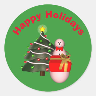 Pegatina Redonda Vacaciones de Navidades de Snowman Tree Cute