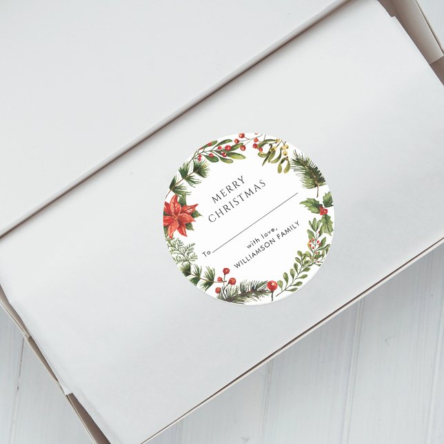 Pegatina Redonda Vacaciones de Navidades familiares Botánicos moder (Christmas Red Berries Botanical Modern Round Sticker)