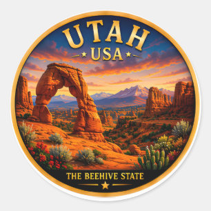 Pegatina Redonda Vacaciones en el Parque Nacional Arcos de Utah 🟡