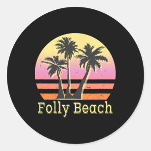 Pegatina Redonda Vacaciones familiares Folly Beach Retro Beach