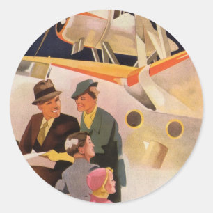 Pegatina Redonda Vacaciones familiares vintage en hidroavión con hé