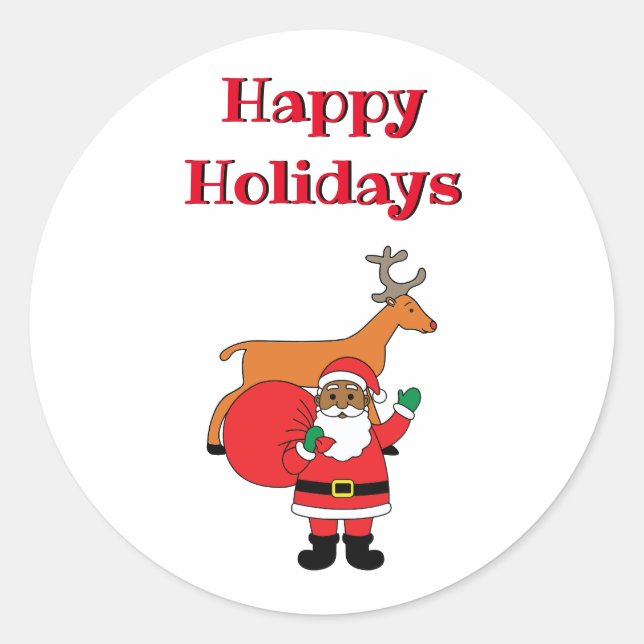Pegatina Redonda Vacaciones felices blancas Papá Noel afroamericano (Anverso)