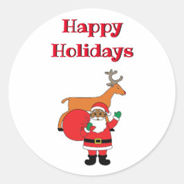 Pegatina Redonda Vacaciones felices blancas Papá Noel afroamericano