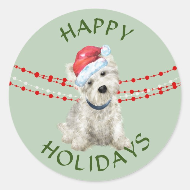 Pegatina Redonda Vacaciones felices de White Westie Santa Hat (Anverso)