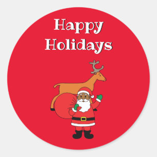 Pegatina Redonda Vacaciones felices rojas Papá Noel afroamericano