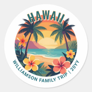 Pegatina Redonda Vacaciones personalizadas retro Hawai tropical fam