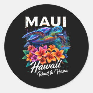 Pegatina Redonda Vacaciones Tortuga Playa Océano Maui Hawaiano Hawa