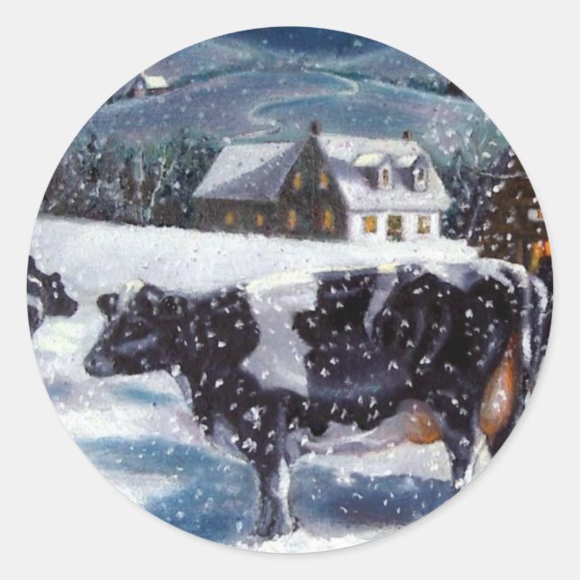 PEGATINA REDONDA VACAS: NAVIDADES: NIEVE: ART: HOLTEIN (Anverso)