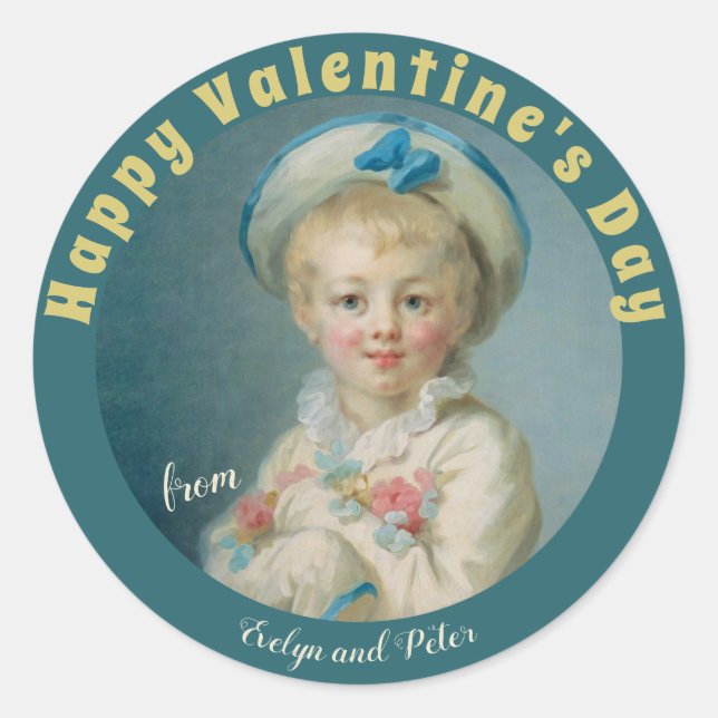 Pegatina Redonda Valentine Boy flores Fragonard Pierrot CC1075 (Anverso)