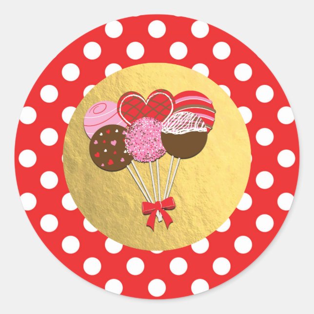 Pegatina Redonda Valentine Cake Pops Cakepops Red Polka Dots favore (Anverso)