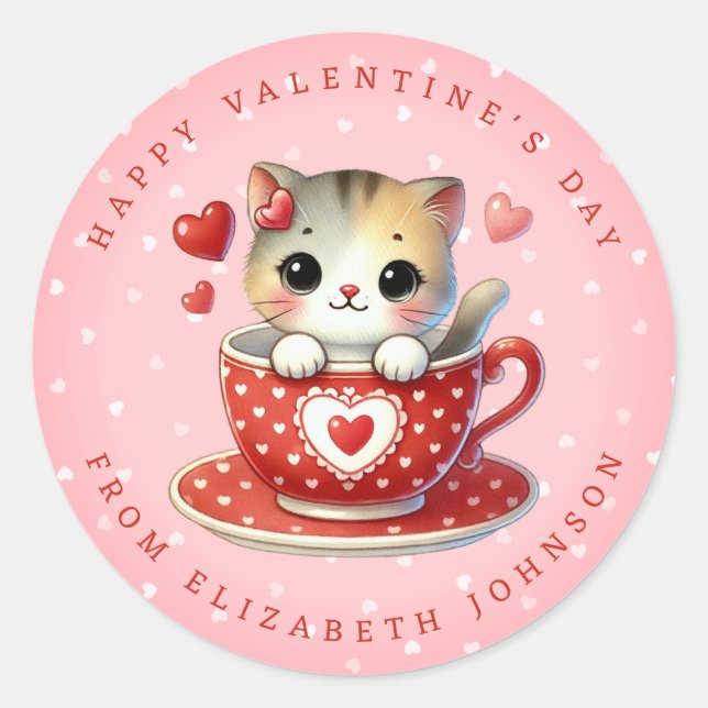 Pegatina Redonda Valentine Cute Kitten Nombre Personalizado Redondo (Anverso)