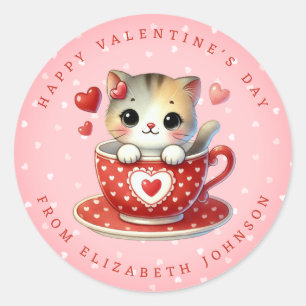 Pegatina Redonda Valentine Cute Kitten Nombre Personalizado Redondo